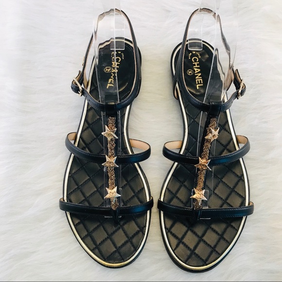 CHANEL Leather Sandals Gold Chain & CC Stars Black - Picture 3 of 8